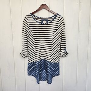 Anthropologie Postmark Fairley Blue Striped Polka Dot Roll Tab Tunic Top Medium